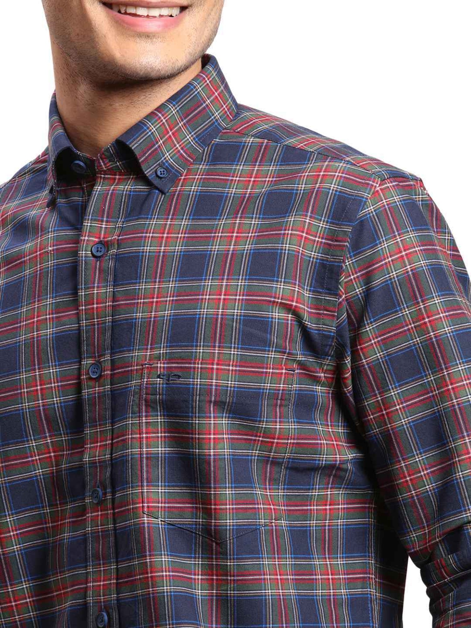 ColorPlus Blue Cotton Regular Fit Checks Shirt
