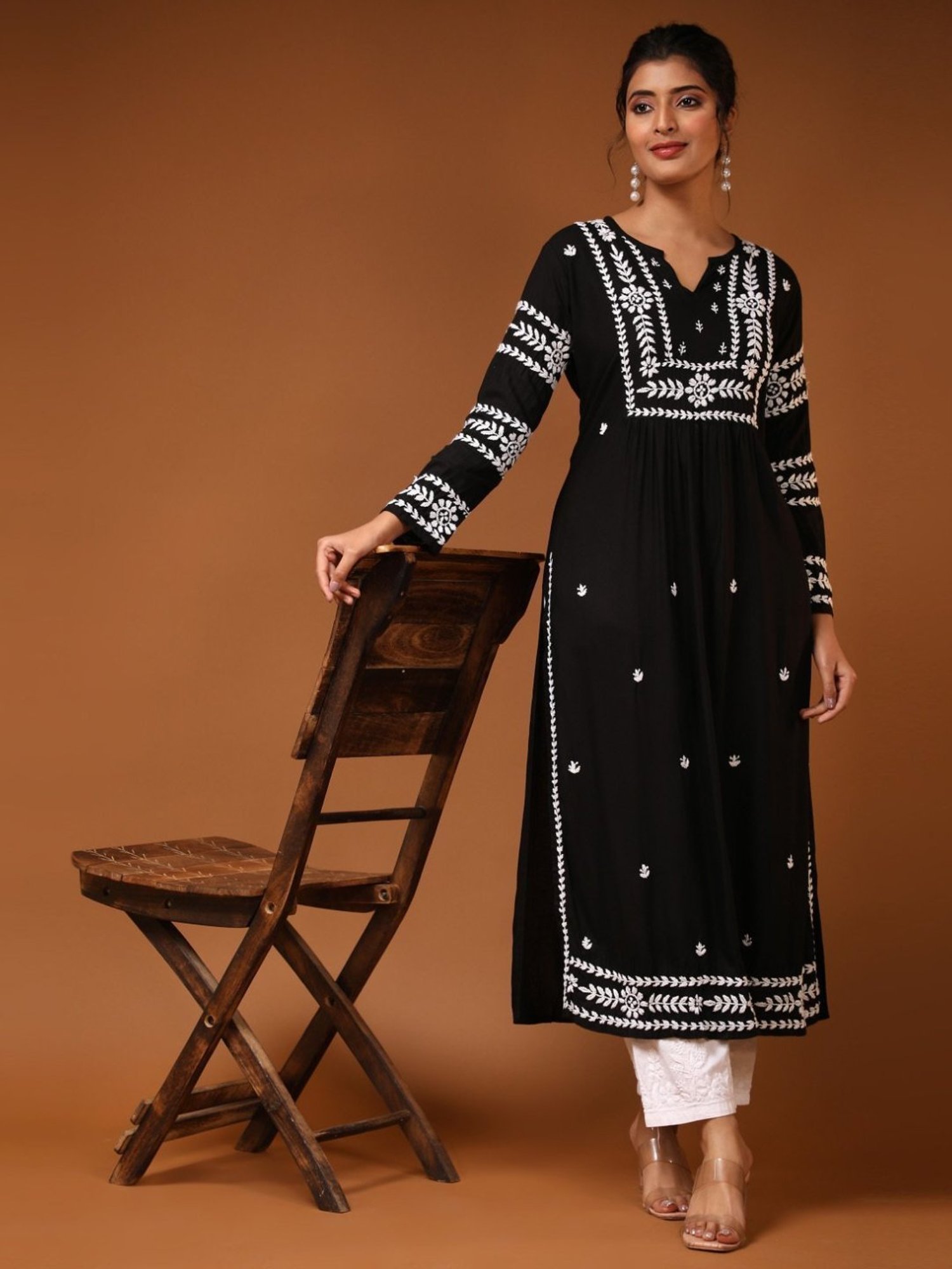 House Of Kari HOK chikankari Long Kurta in Rayon Cotton for Women-Black