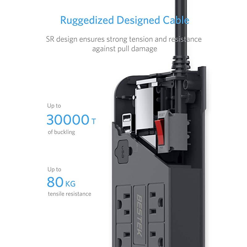 8Outlet Surge Protector Power Strip with 4 USB Charging Ports and 6Foot Heavy Duty Extension Cord 600 Joule ETL Listed