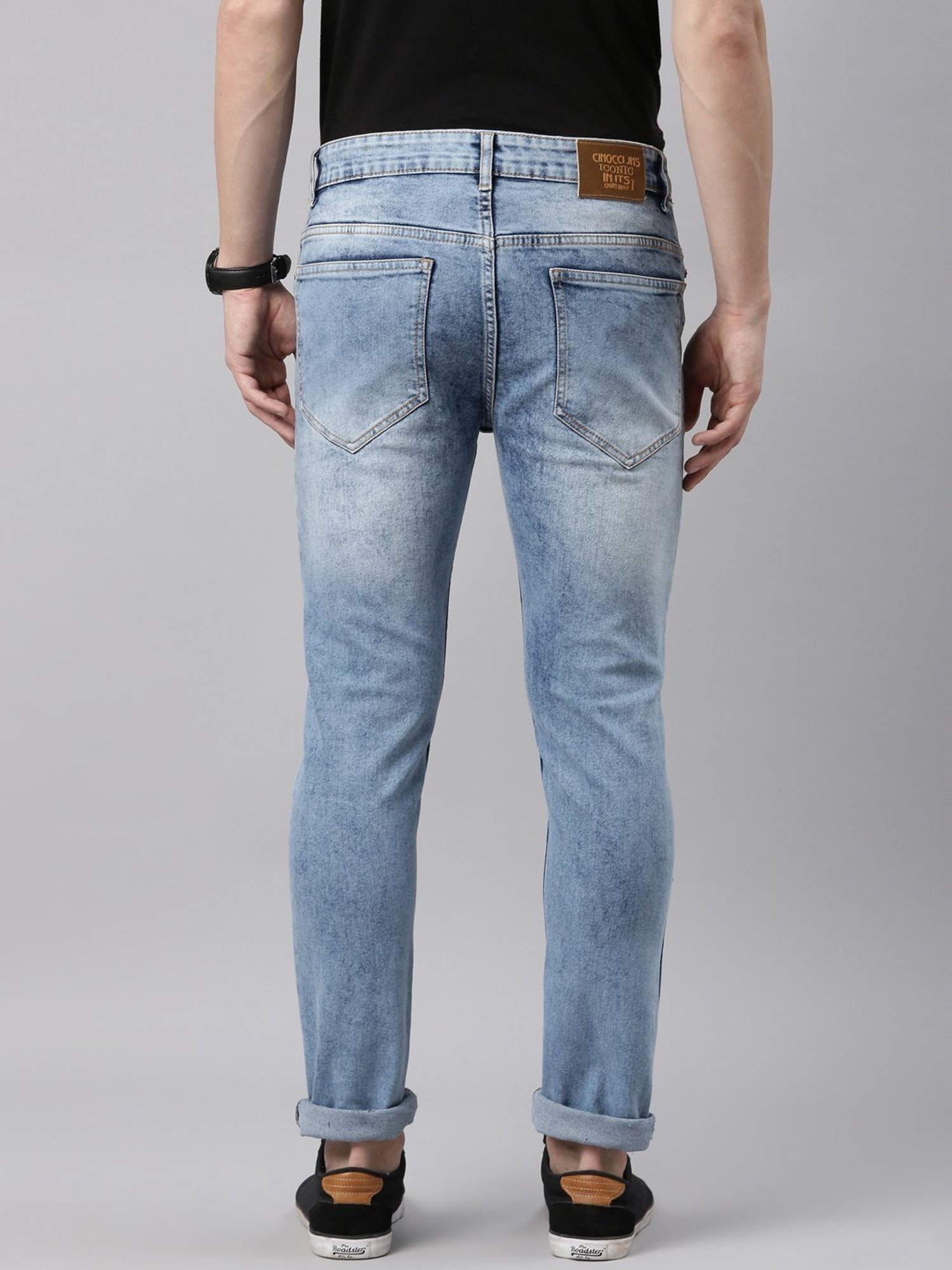 CINOCCI Sky Blue Cotton Slim Fit Distressed Jeans