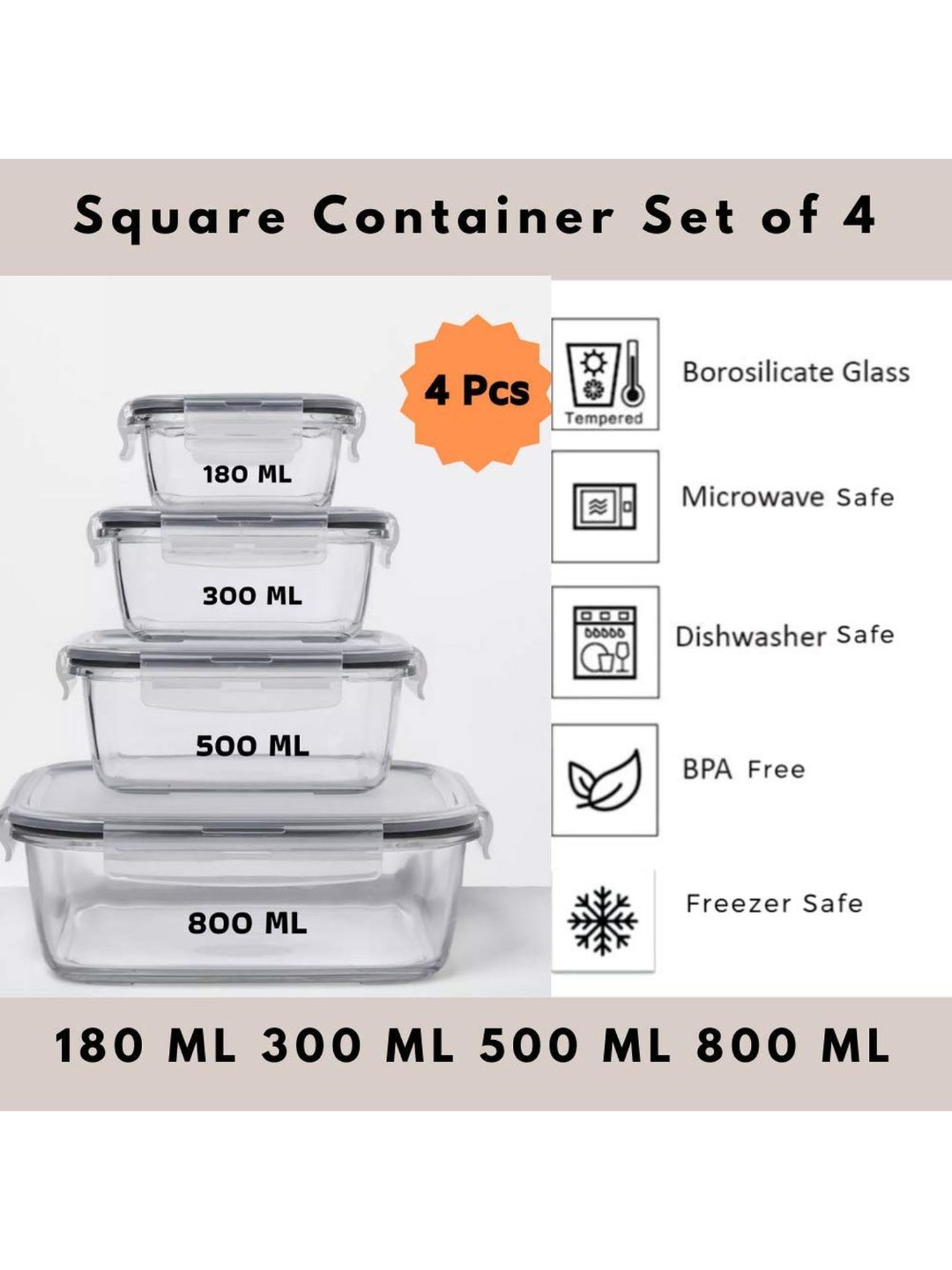 Femora Glass Square Storage Containers with Lid (180 ml, 300 ml, 500 ml & 800 ml) - Set of 4