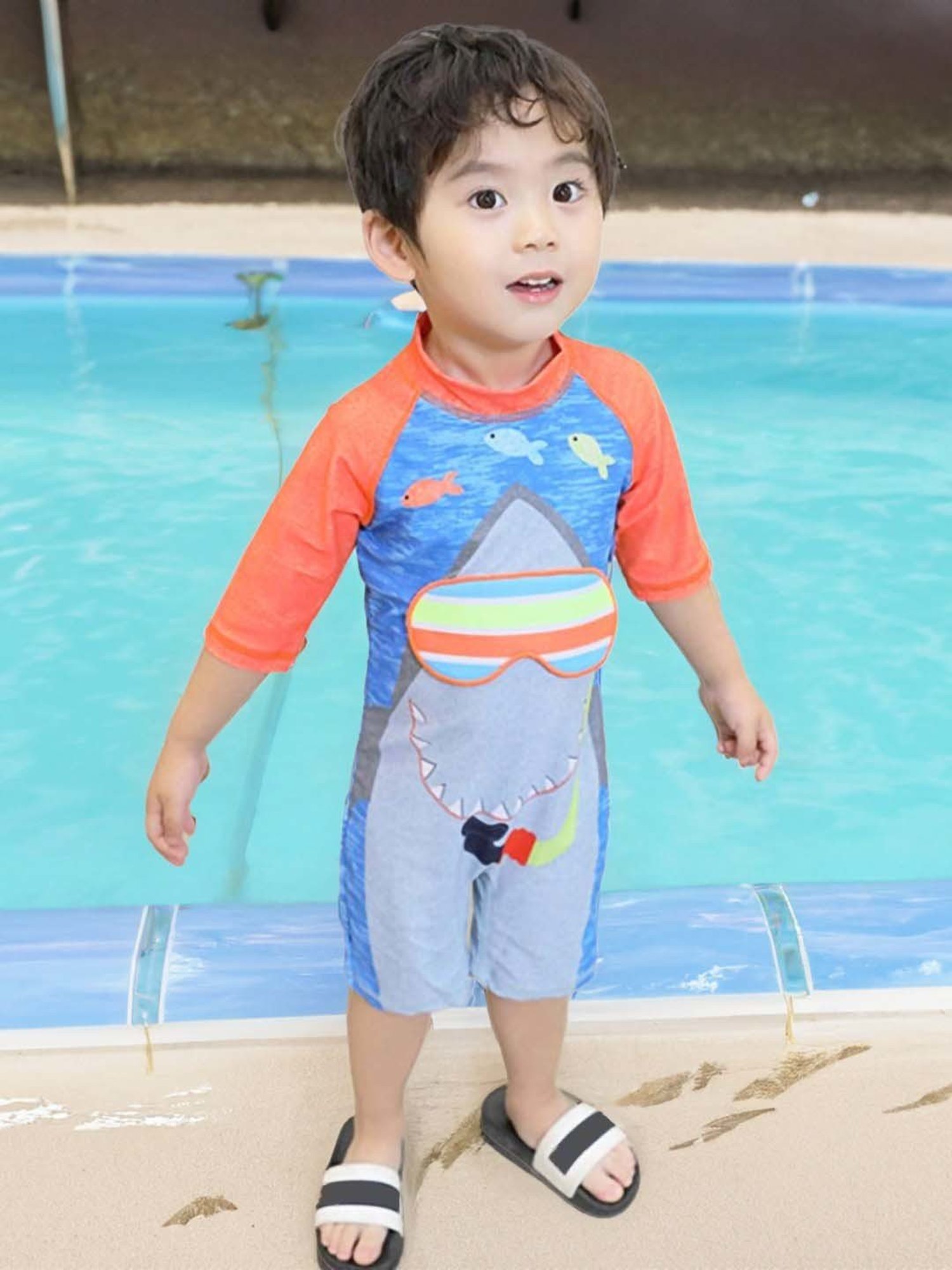 Baby Moo Kids Blue & Orange Printed Swimming Costume