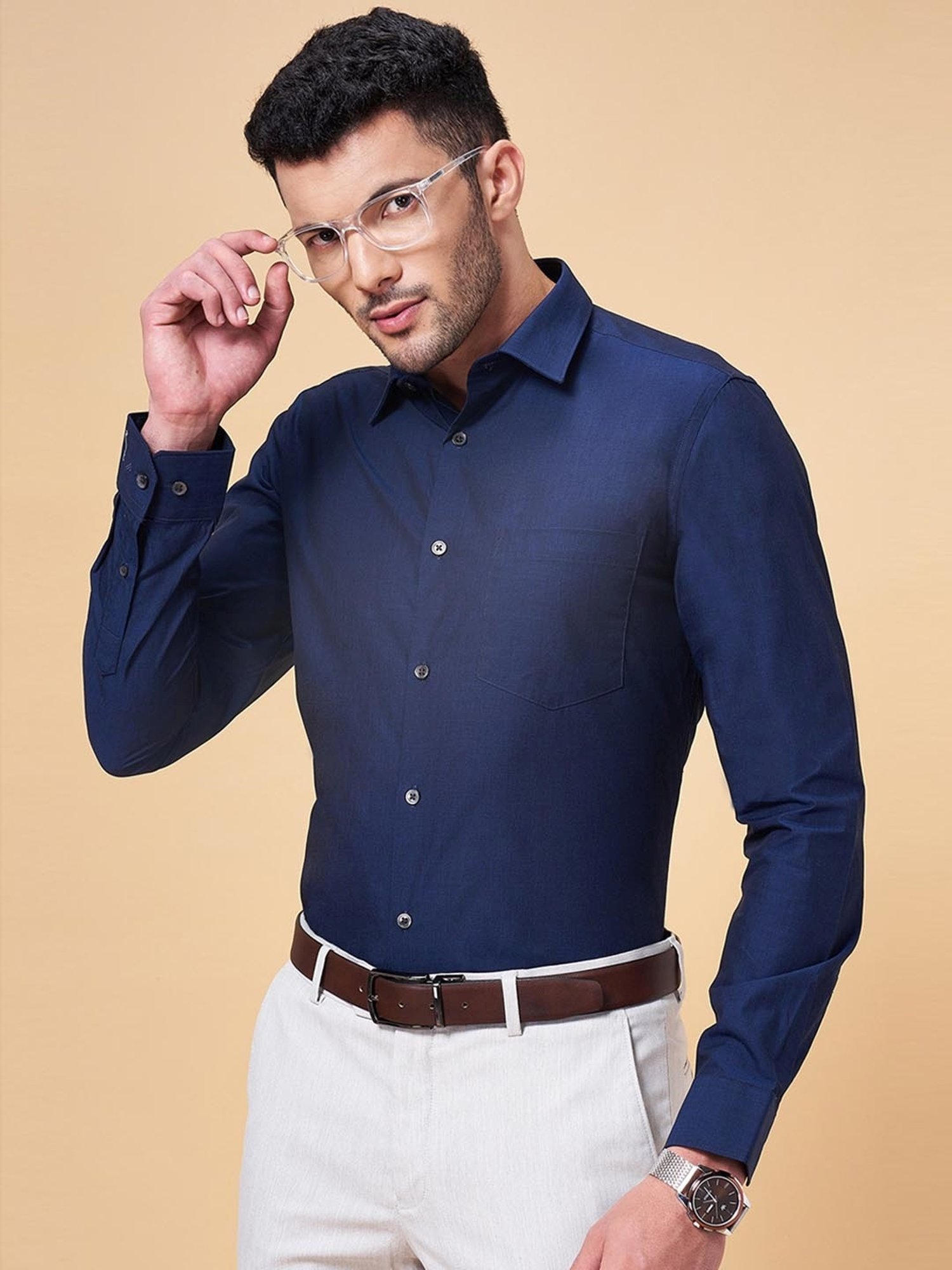 Peregrine by Pantaloons Navy Cotton Slim Fit Shirt