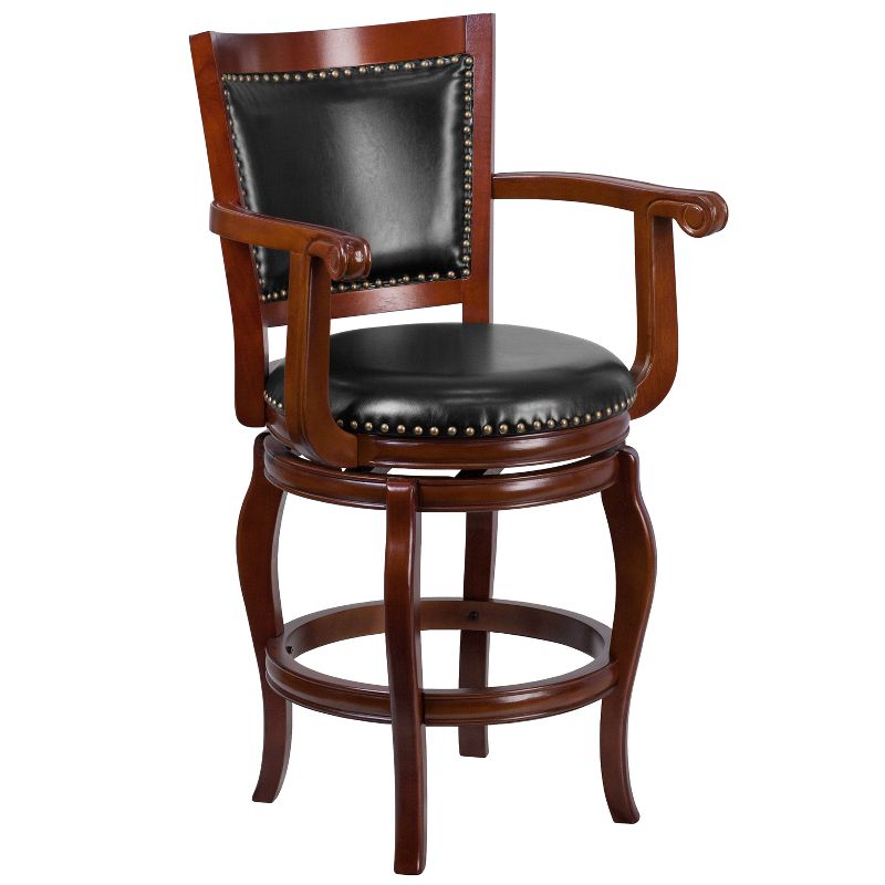 Emma and Oliver 26"H Cherry Wood Panel Back Swivel Counter Stool with Arms