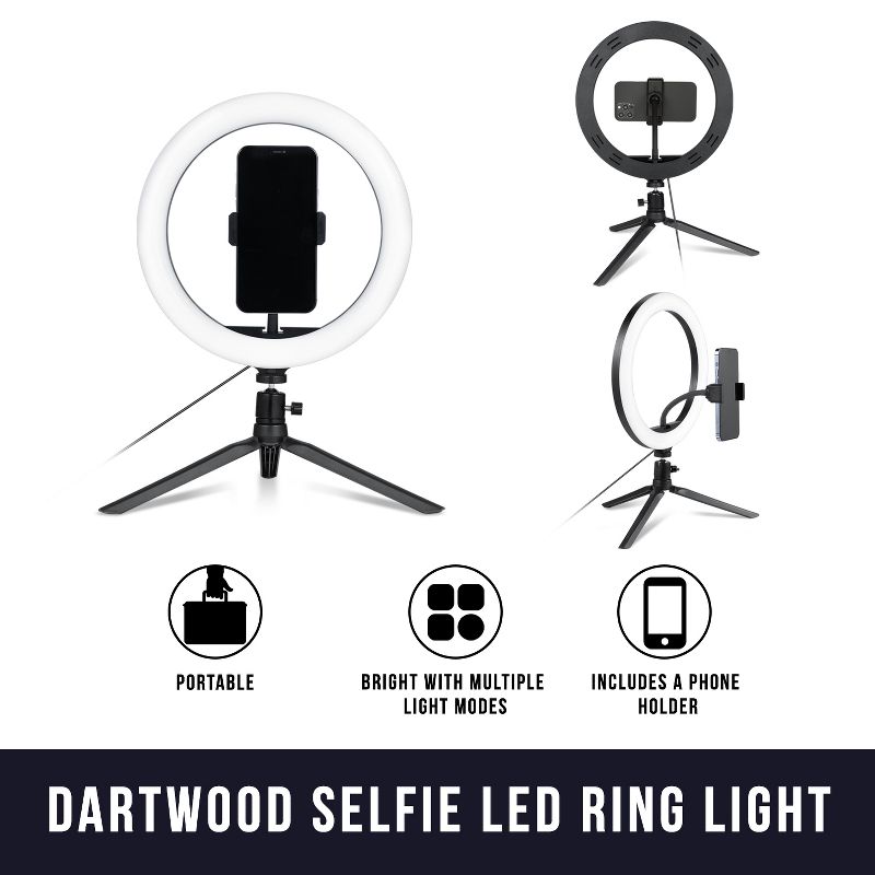 Dartwood Selfie Ring Light - 10 Inch LED Makeup Light with Adjustable Tripod Stand, Bluetooth Remote & Cell Phone Holder for iPhone and Android Phones