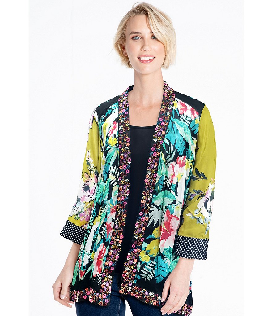 John Mark Embroidered Collar Crepe Floral Printed Kimono Jacket