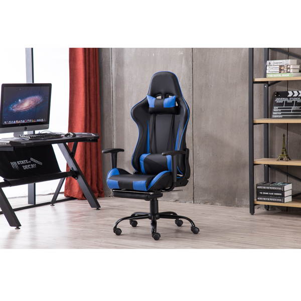 Gaming Chair with Footrest, Ergonomic Chair, High Back Office Swivel Chair, Adjustable PC Gamer Chair for Adults, Black & Blue