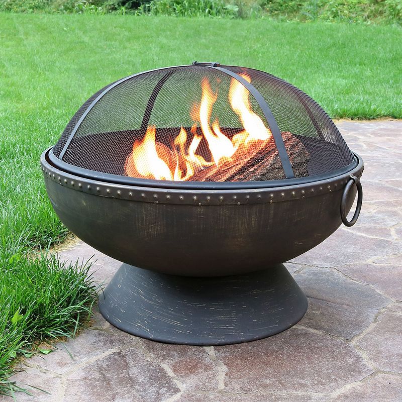 Sunnydaze Outdoor Camping or Backyard Large Fire Pit Bowl with Spark Screen, Log Poker, and Metal Wood Grate - 30" - Bronze