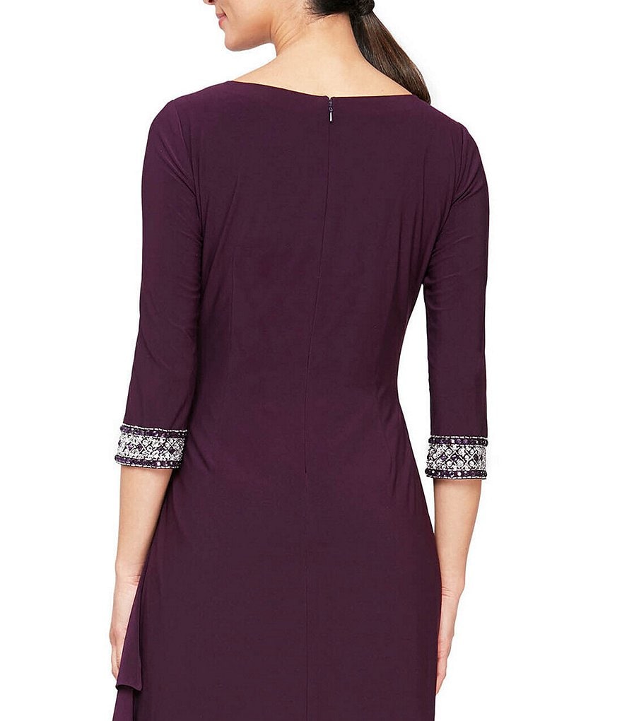 Alex Evenings Petite Size Round Keyhole Neck 3/4 Sleeve Side Ruched Embellished Cuff Gown