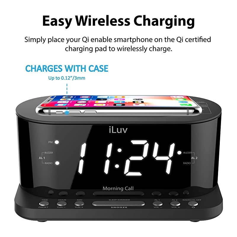 Morning Call 5 Qi-Certified Wireless Charging Bedside Digital Alarm Clock, 1.2" Jumbo LED Dual Alarm, FM Radio with 10 Presets, USB Charging Port, Sleep Timer, 3-Level Dimmer, Battery Backup