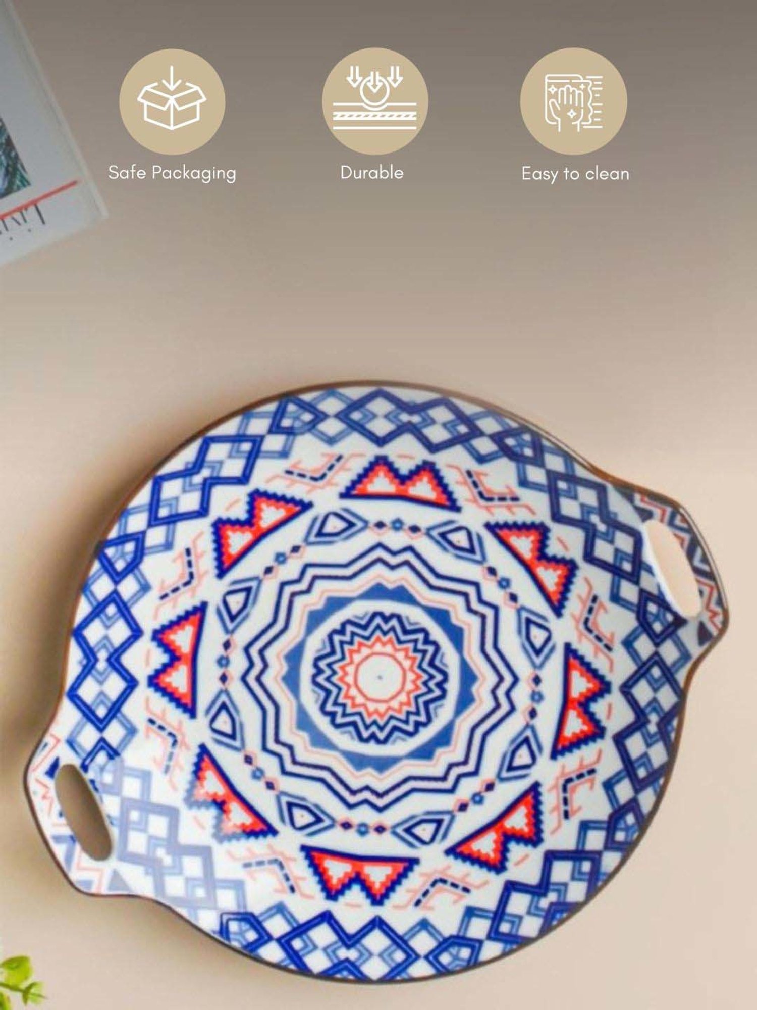 Nestasia Mandala Blue ceramic Round Platter With Handle for serving snacks (8.26 Inch)