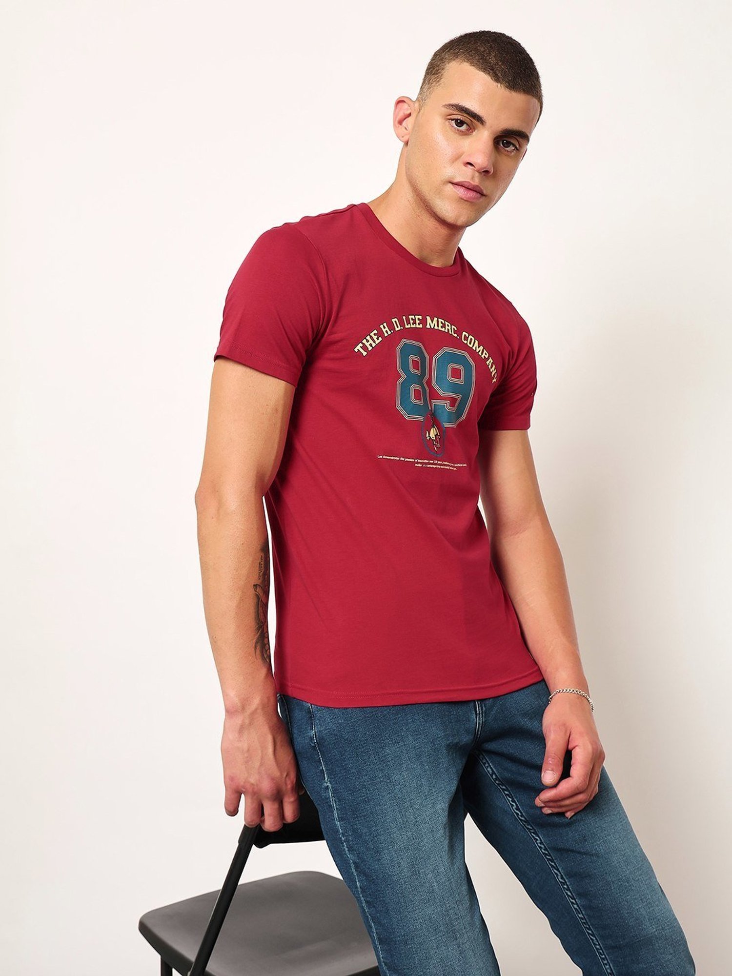 Lee Red Cotton Slim Fit Printed T-Shirt