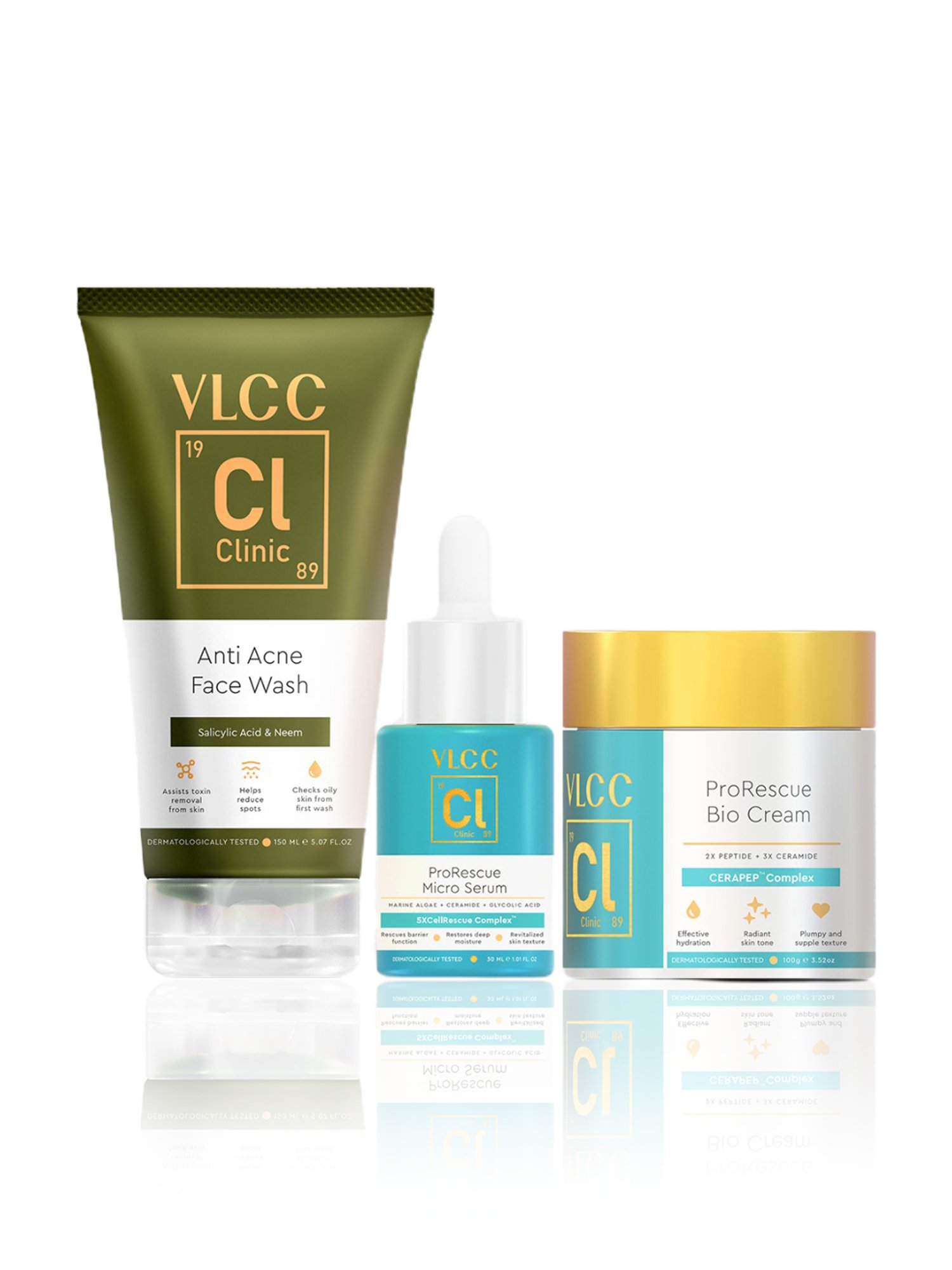 VLCC Clinic Anti Acne Face Wash, ProRescue Micro Serum & Bio Cream Combo