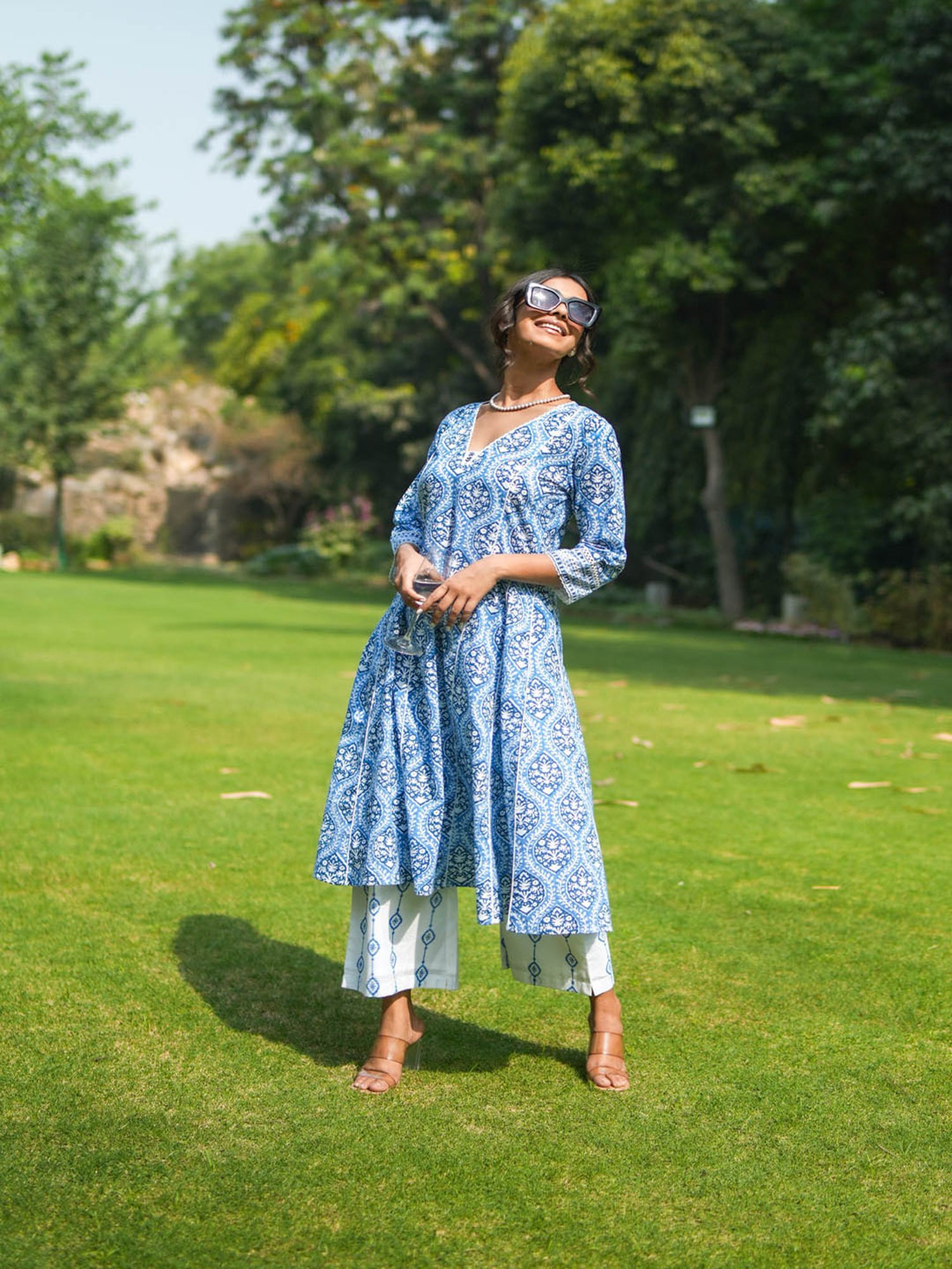 Akiso Blue Hand Block Printed Flared Kurta Set With Hand Embroidery Detail ( Set Of 2 )