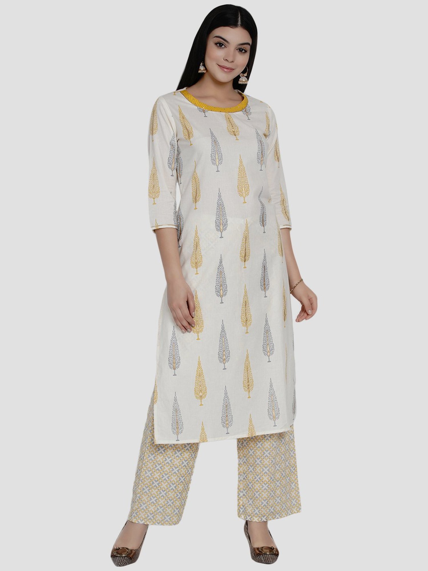 Women Republic Beige & White Cotton Printed Kurta Palazzo Set