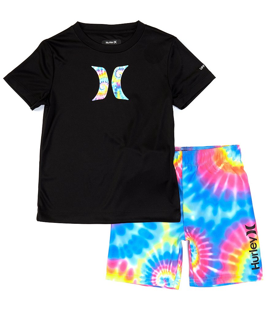 Hurley Little Boys 2T-7 Short-Sleeve Icon UPF 50+ Swim Tee & Spiral Tie-Dye Swim Trunks Set