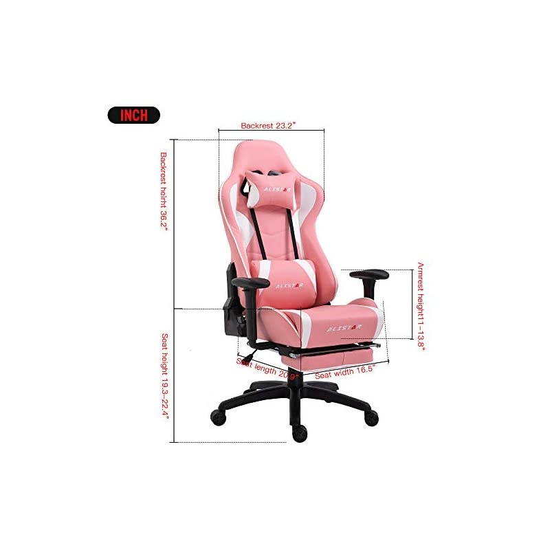 Gaming Chair Racing Office Chair High Back Computer Desk Chair PU Leather Chair Ergonomic and Executive Swivel Chair with Footrest Headrest and Lumbar Massage Support (AL-6019-PINK)