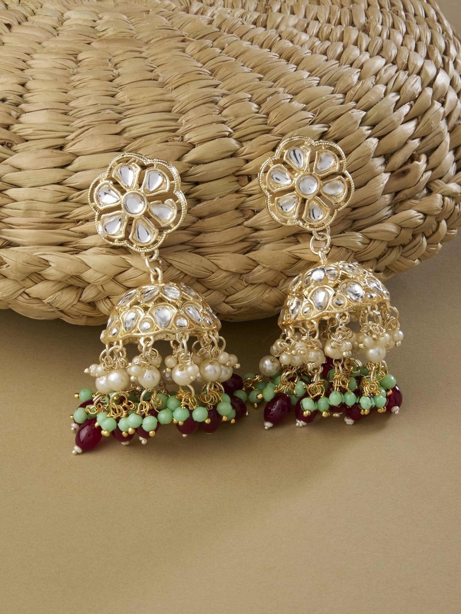 Zaveri Pearls Green & Maroon Beads Traditional Kundan Jhumki Earrings - ZPFK13551