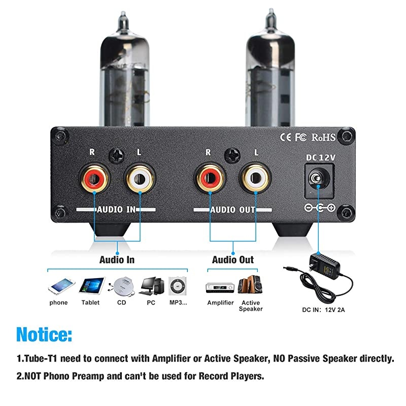 TubeT1 Preamplifier Vacuum Tube Amplifier Buffer Mini HiFi Stereo Preamp with Treble amp Bass Tone Control for Home Audio Player 6K4 Tubes