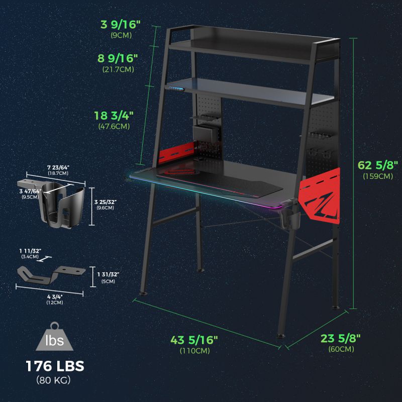 Eureka Ergonomic Colonel Series MGD-02 E-sport Gaming Desk with RGB Fiber Optic Lighting - All Within Your Reach