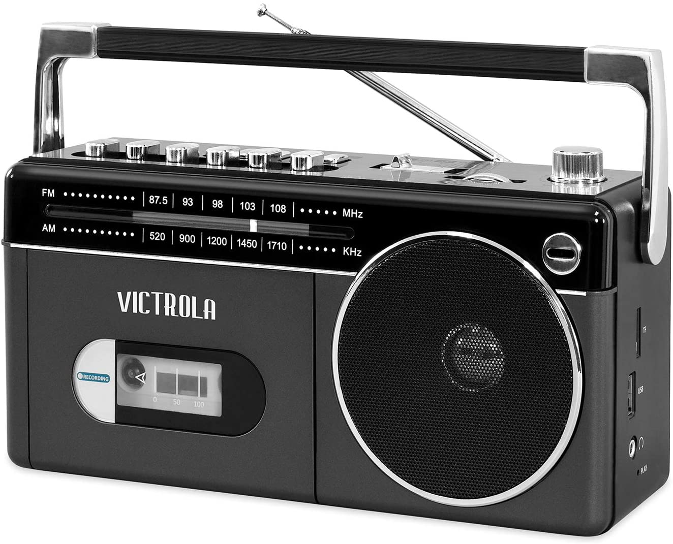 Victrola Mini Bluetooth Boombox with Cassette Player Recorder and Am/FM Radio Grey
