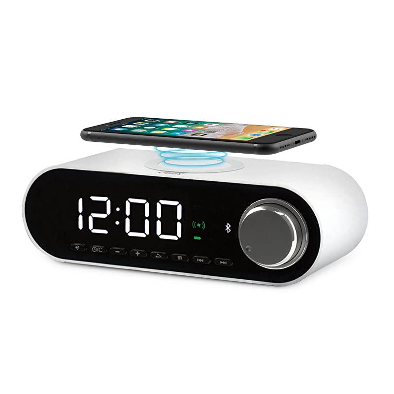 Digital LED Alarm Clock Built In 10W HD Bluetooth Speakers FM Radio QI Certified Fast Wireless Charger for iPhone Samsung and MoreUSB port Battery Backup Aux In Dimmer for Bedroom Office Desk