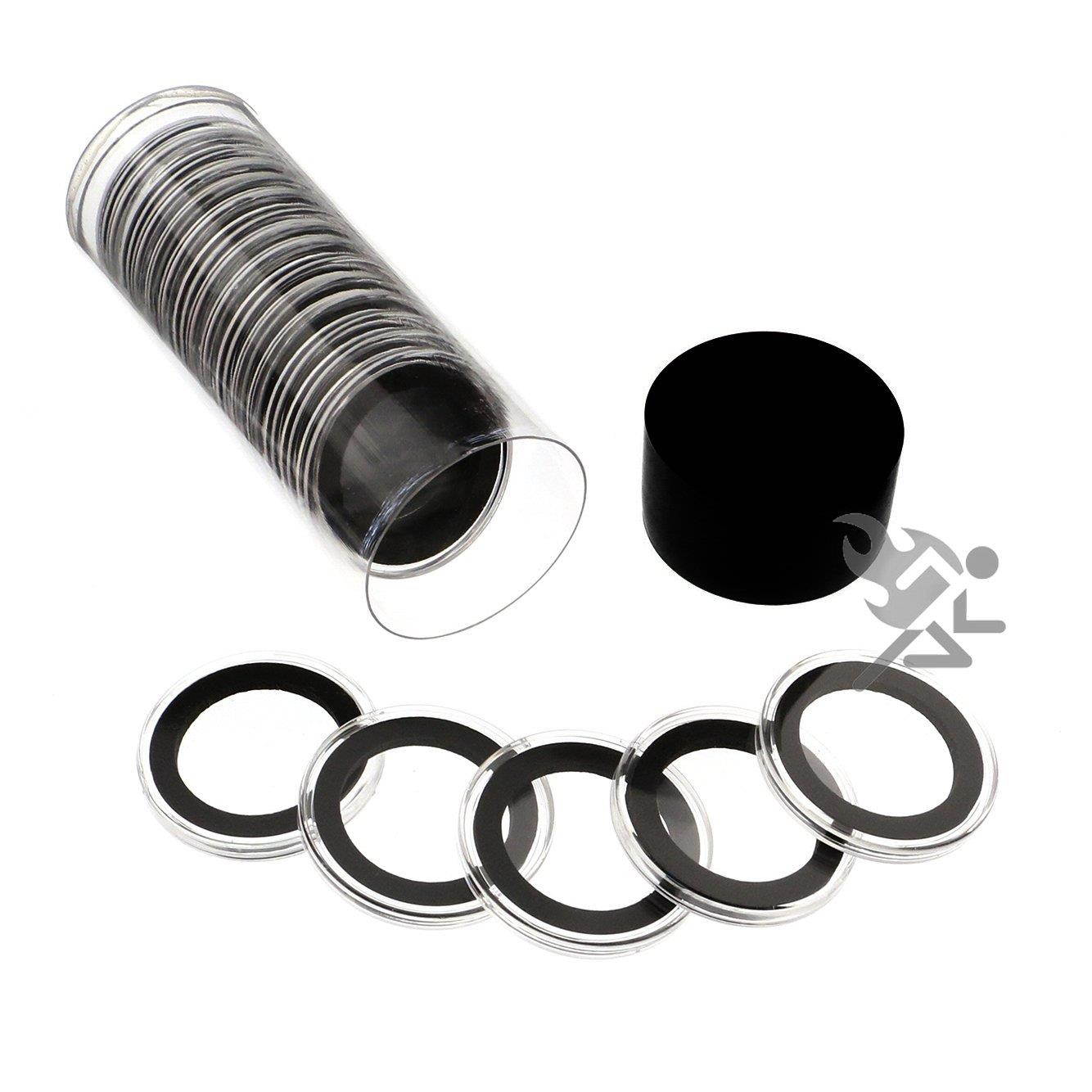 Black Lid Capsule Tube & 20 Air-Tite 30mm Black Ring Coin Holders for US Half Dollars