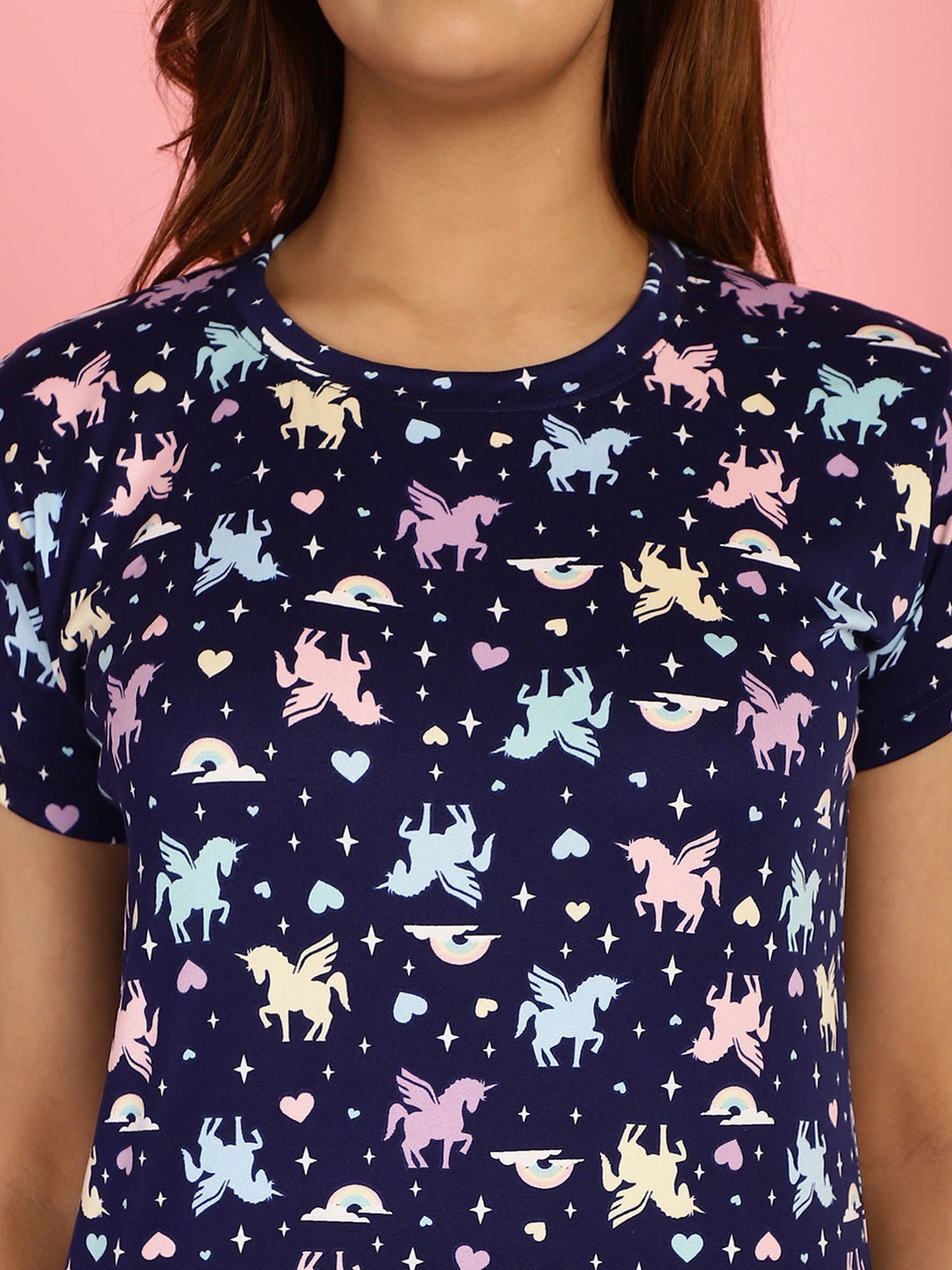 Gracit Dark Blue Cotton Printed Top With Pyjamas