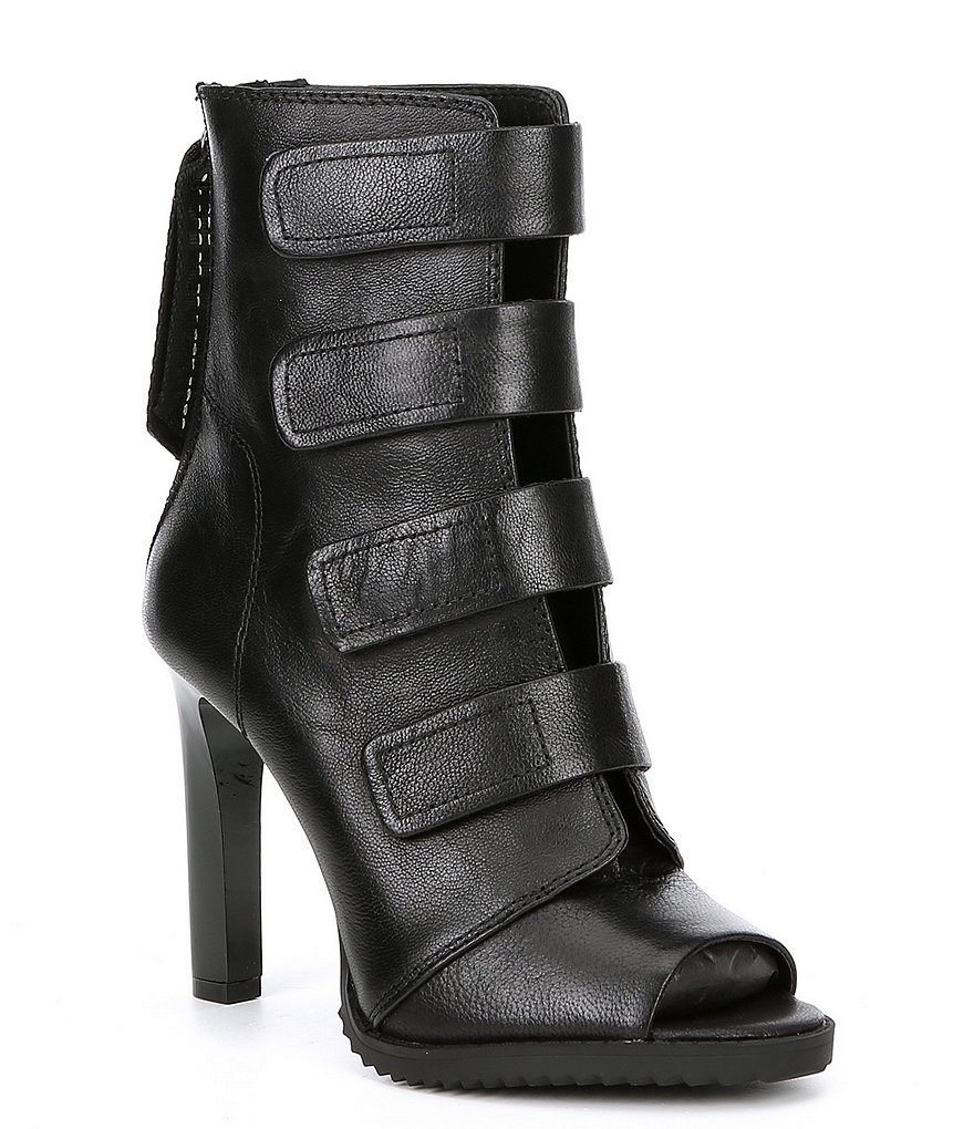 DKNY Blake Strappy Leather Peep Toe Stiletto Booties