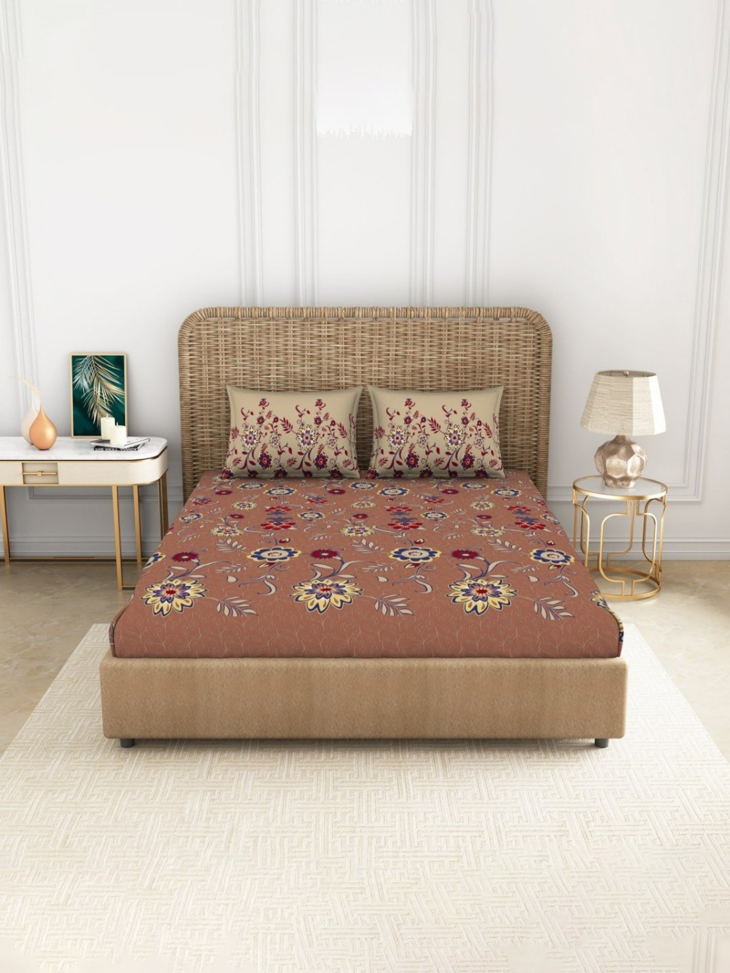 Spaces Printed Brown 144 TC Cotton Queen Bed Sheet with 2 Pillow Covers