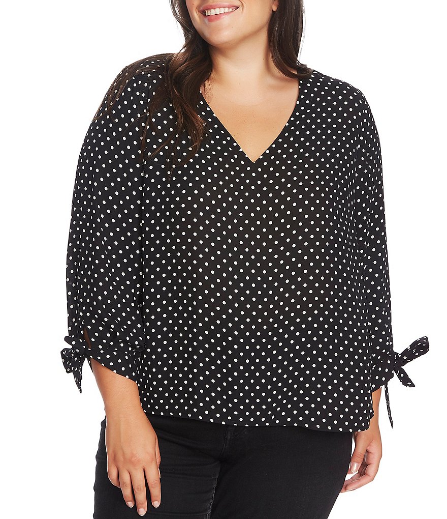 CeCe Plus Size 3/4 Bow Tie Sleeve Polka Dot V-Neck Blouse