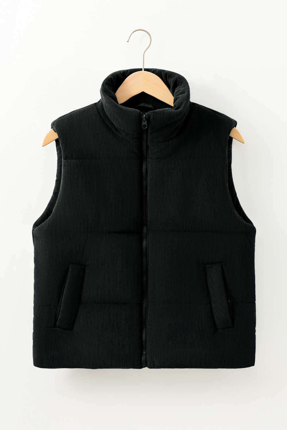 Black Solid Color Corduroy Puffer Vest Coat