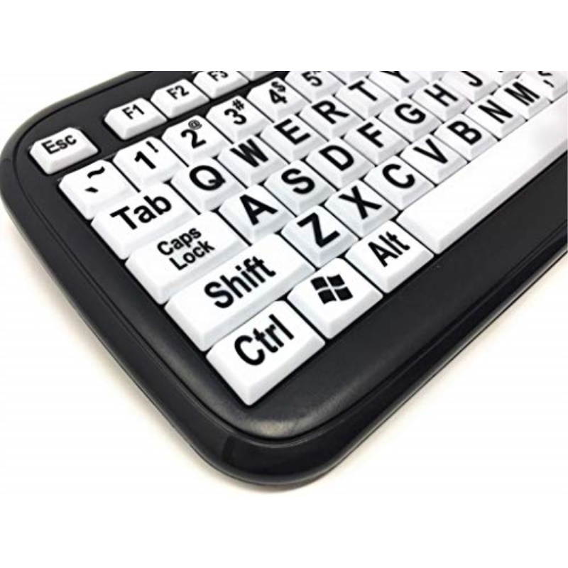 new and improved ezsee by dc large print english qwerty keyboard  vivid black letters on white background keys  wired usb connection  for visually impaired, weak vision in low lighted areas