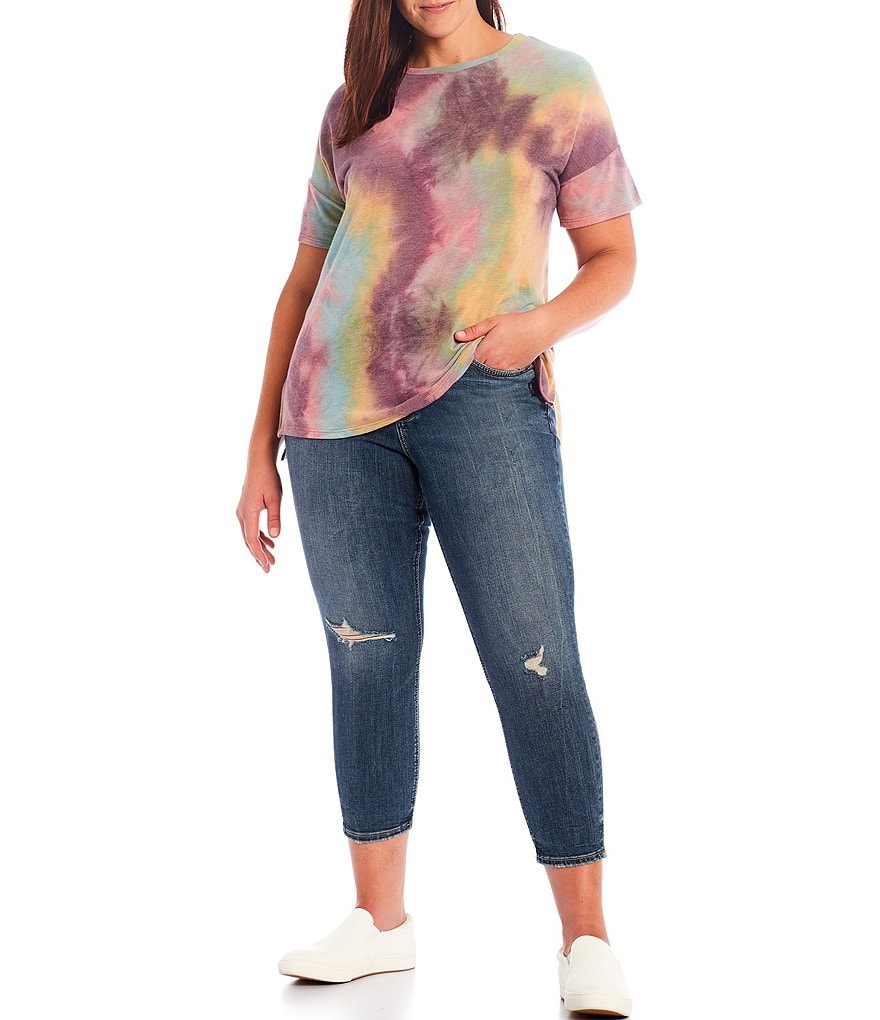 Moa Moa Plus Size Multi Tie-Dye Knit Jewel Neck Drop Shoulder Short Sleeve Top