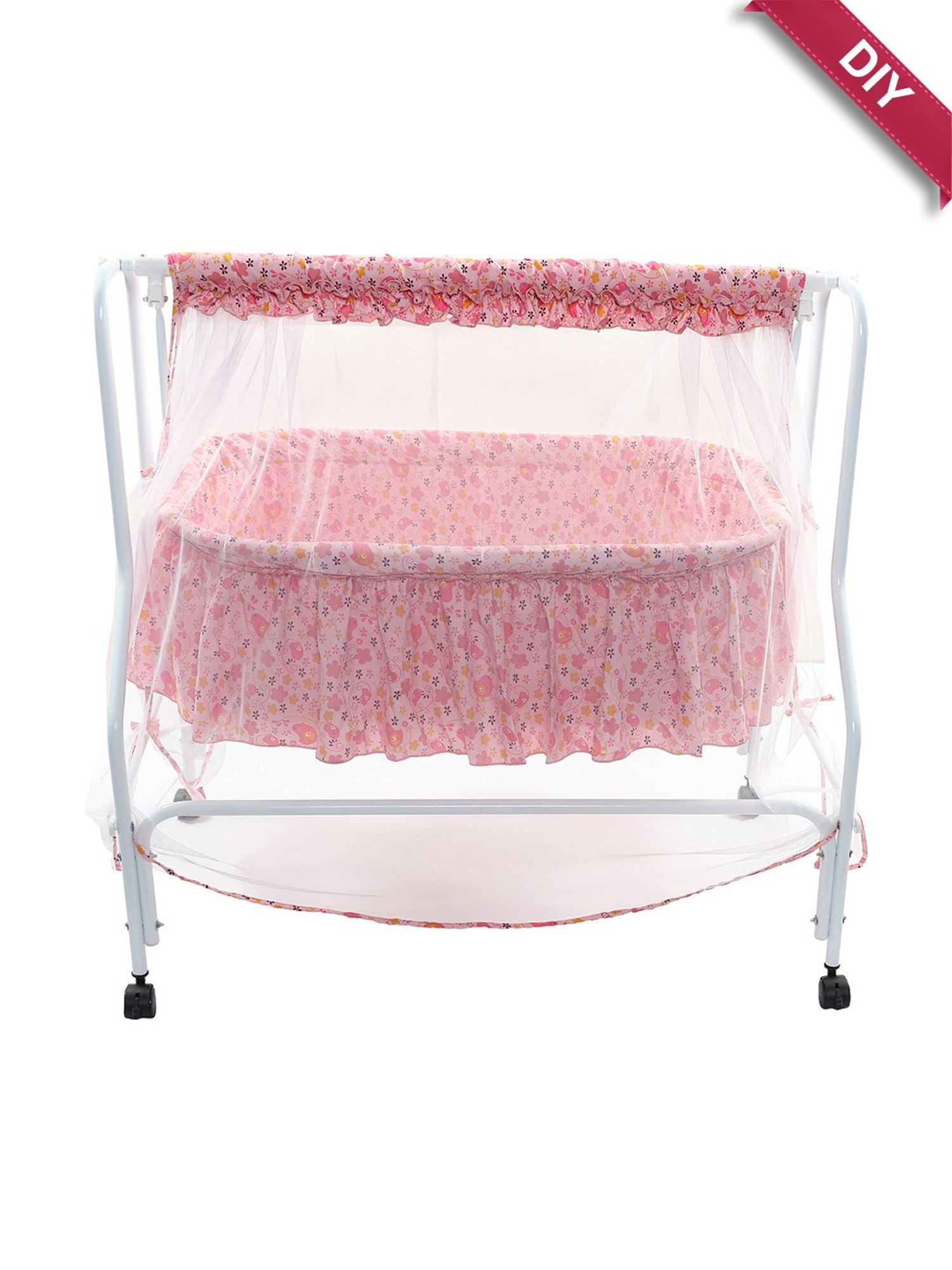 Kiddery Pink Baby Cradle with Mosquito Protection Net (Age 0-8 Months)