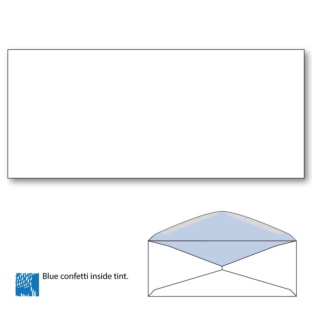 #10 Commercial Envelope, Blue Confetti Security Tint. Diagonal Seam, White Wove, 4-1/8" x 9-1/2". 2500 per Carton