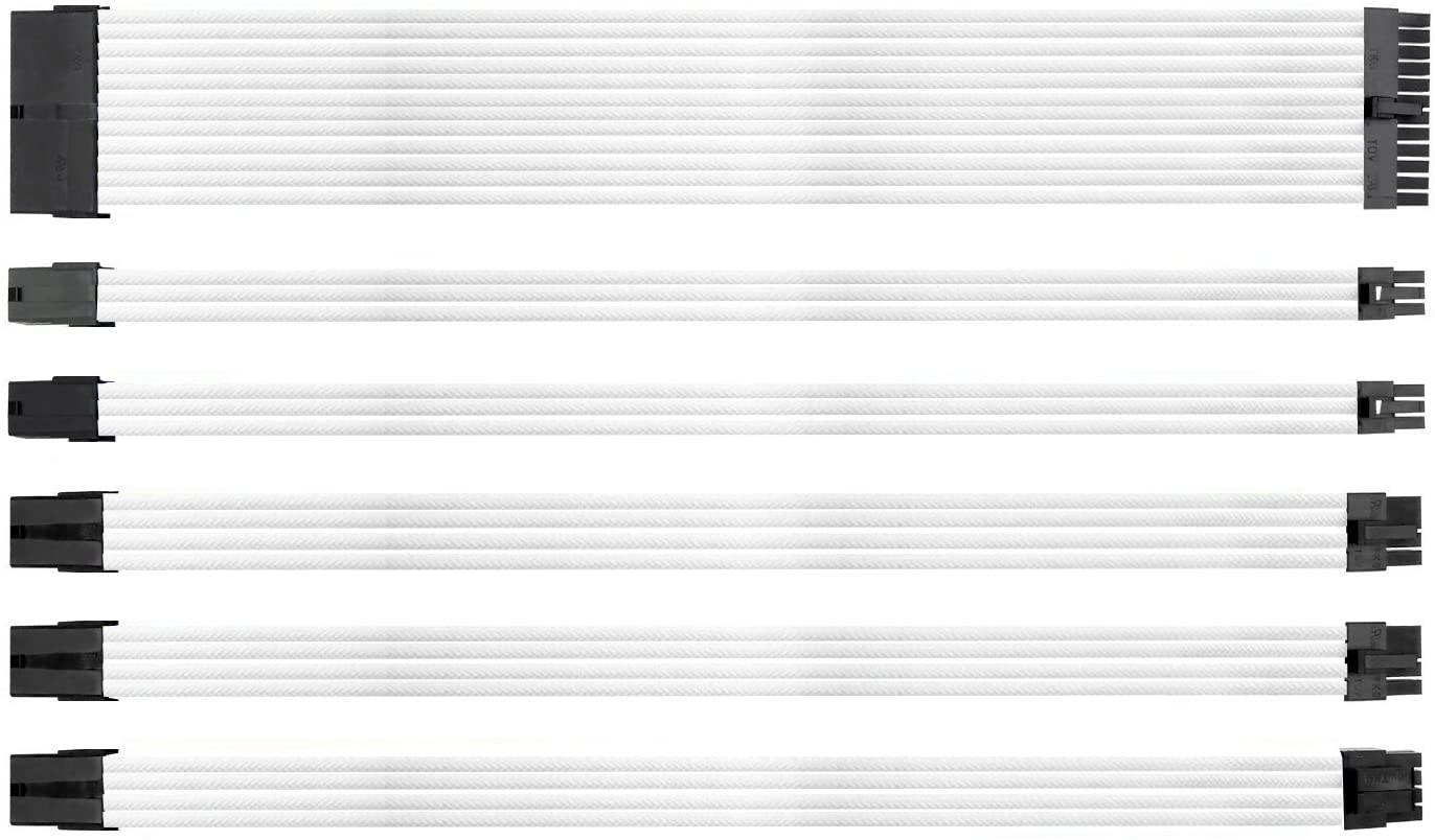Extension Power Supply Cable Kit, Power Supply with Extra-Sleeved 24-PIN 6-PIN 4+4 PIN-White,SC304