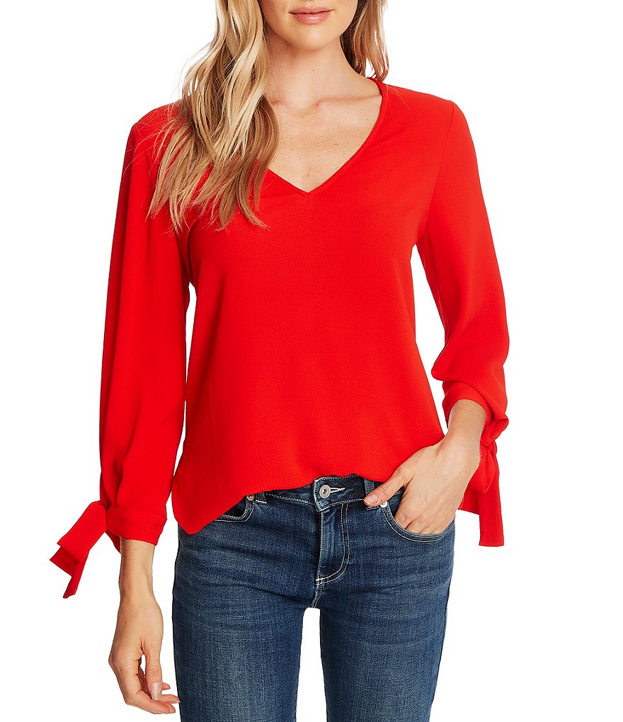 CeCe 3/4 Bow Tie Sleeve V-Neck Volume Blouse