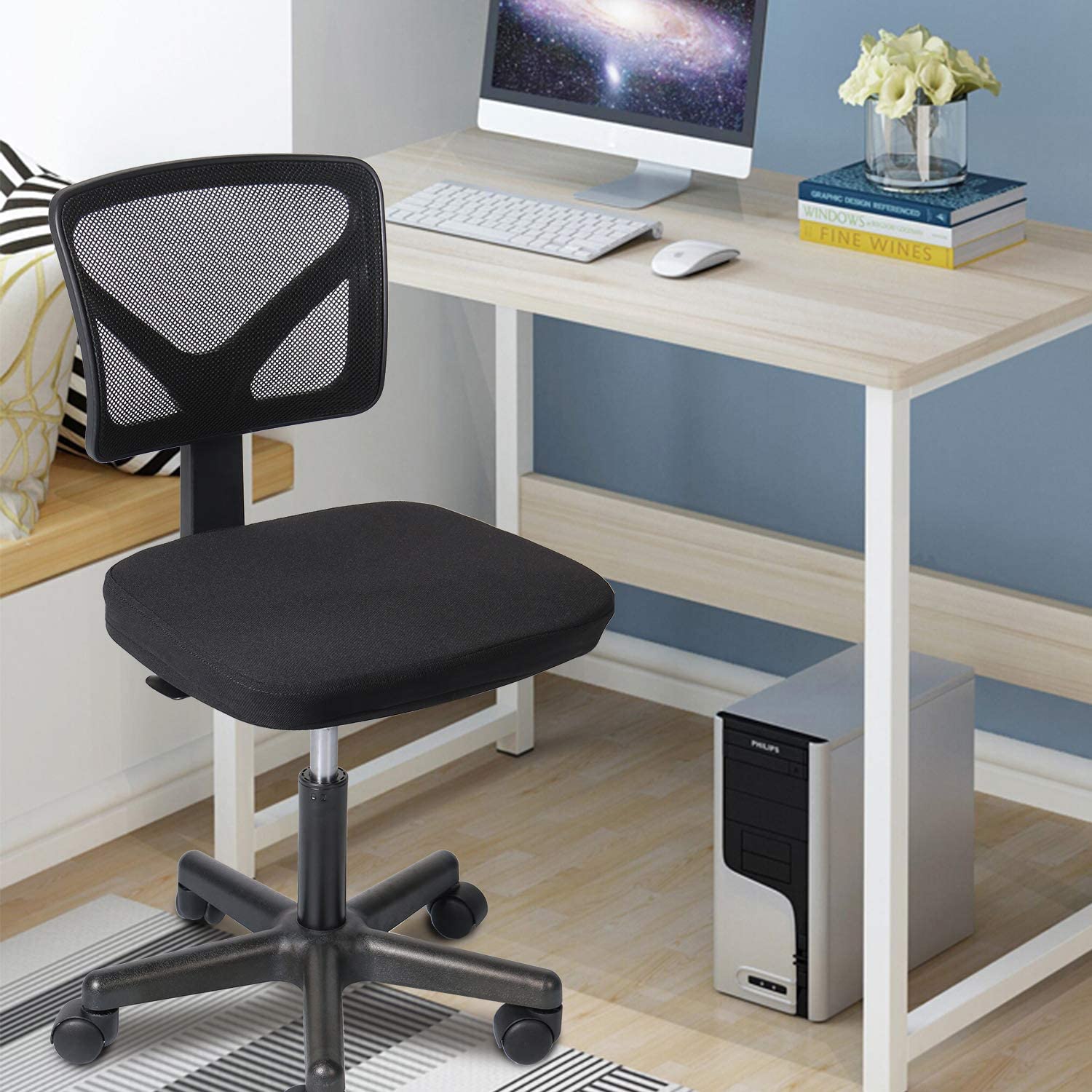 Office Mesh Chair without Armrests, Black Swiveling Task Chair, Computer Desk Chair for Home and Office Use, 19.29" (L) x 7.28" (W) x 18.70" (H), Black