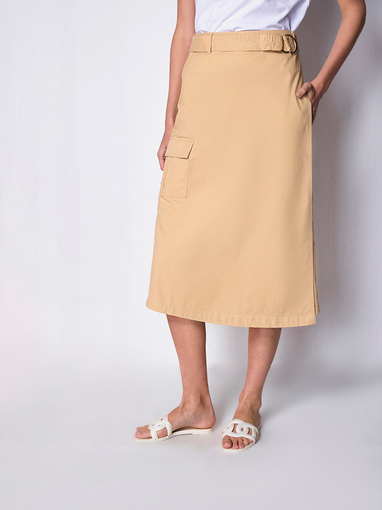 Cover Story Beige Cotton Midi Skirt