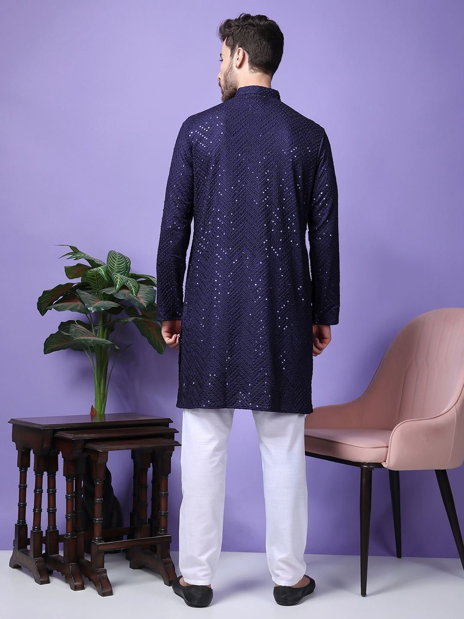 Hangup Navy Blue & White Regular Fit Embellished Kurta Bottom Set