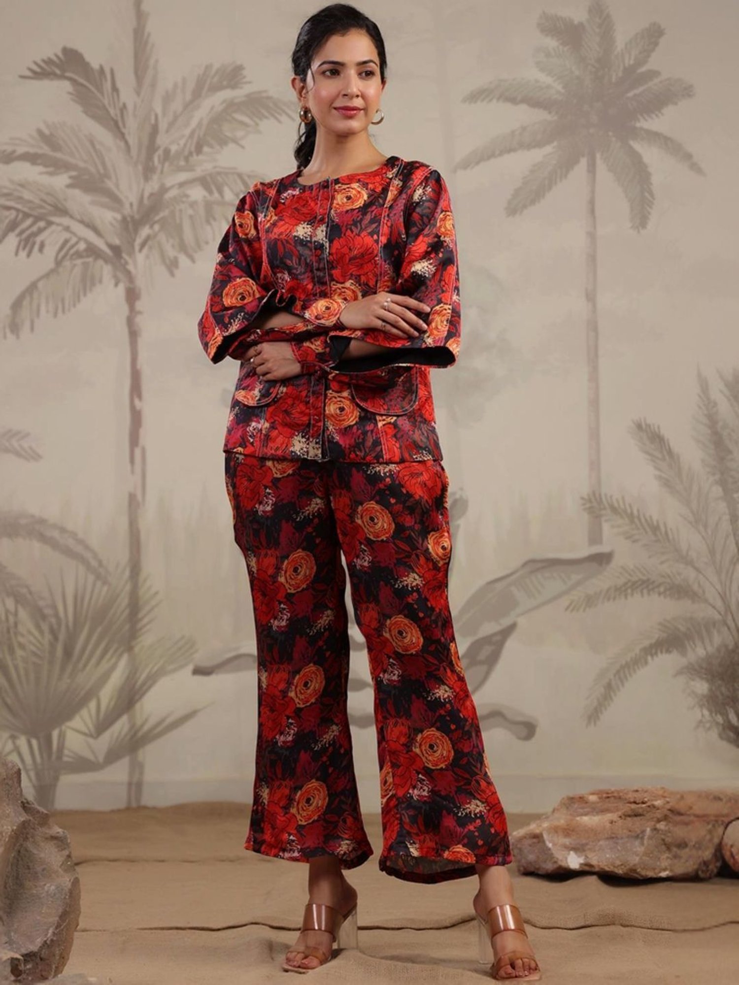 SCAKHI Black & Red Floral Print Top Pant Set