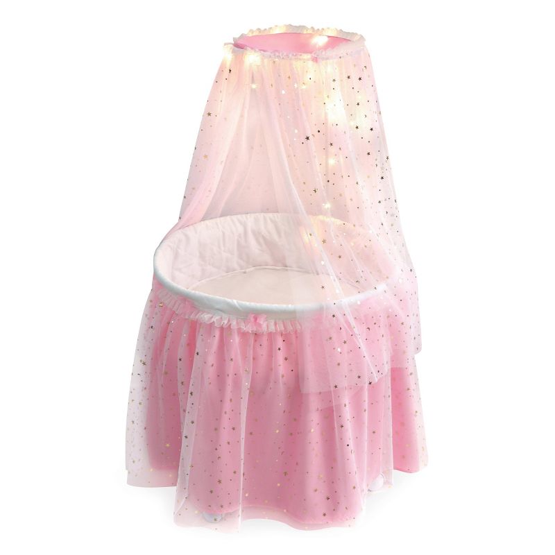 Badger Basket Sweet Dreams Round Doll Bassinet with Canopy and LED Lights - Pink/White/Stars