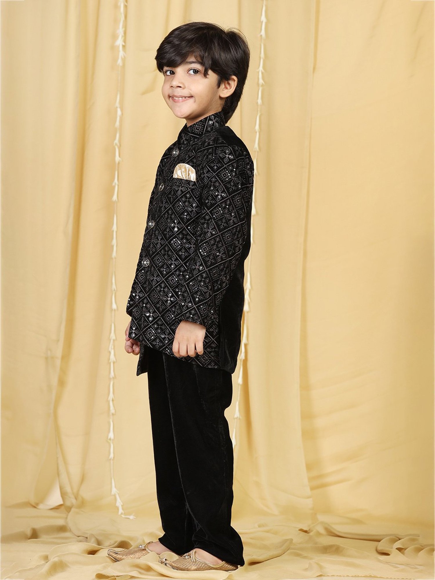 AJ Dezines Kids Black Embellished Full Sleeves Sherwani with Pants