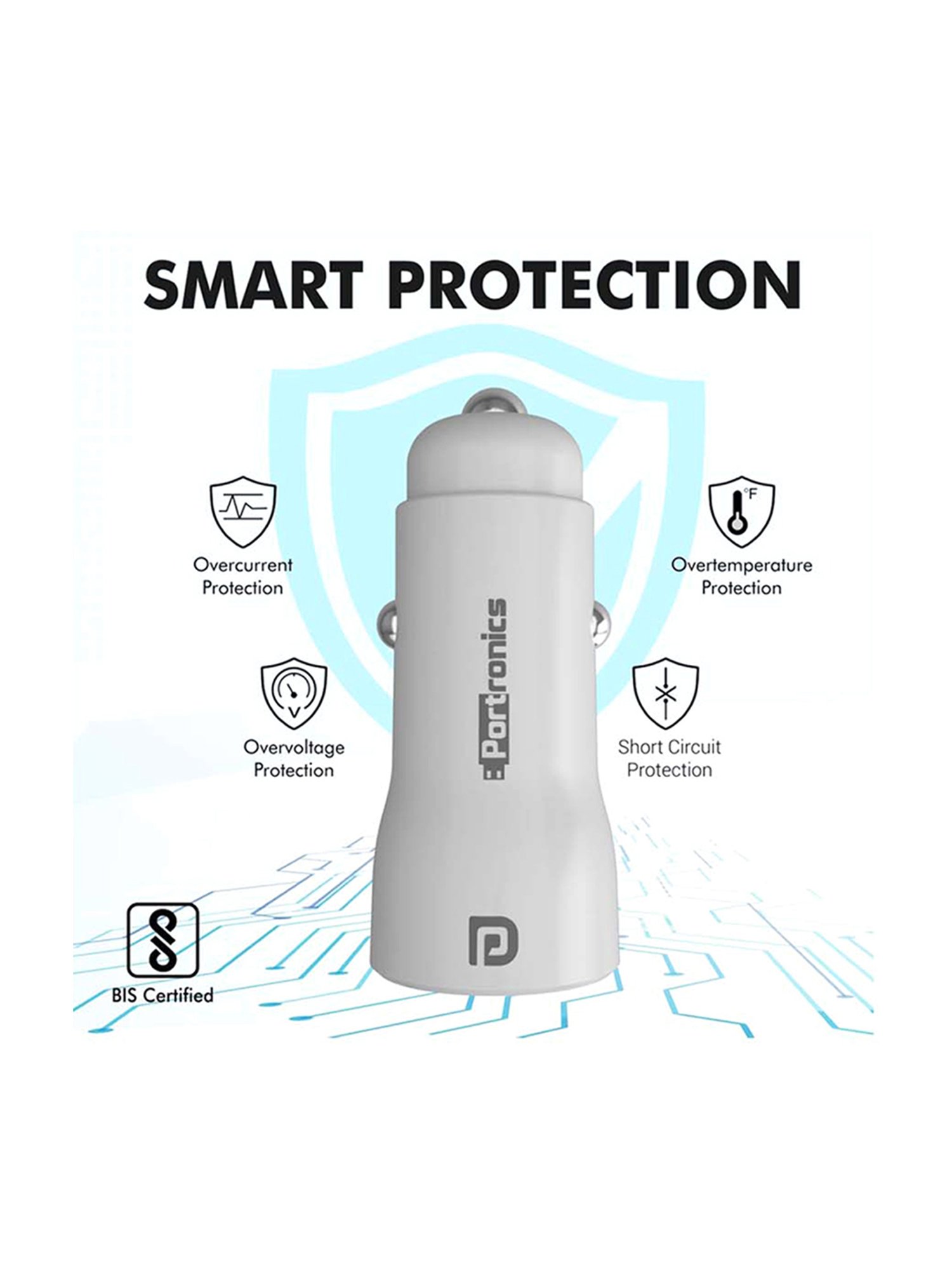 Portronics Car Power 2D POR-1269 2.4A Car Charger with Dual USB Ports (White)