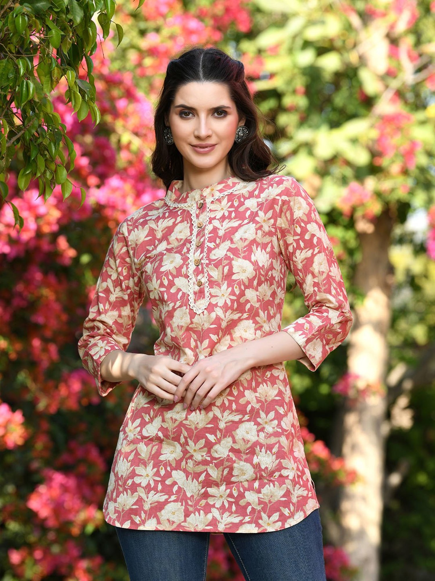 DECKEDUP Peach & Beige Cotton Floral Print Tunic