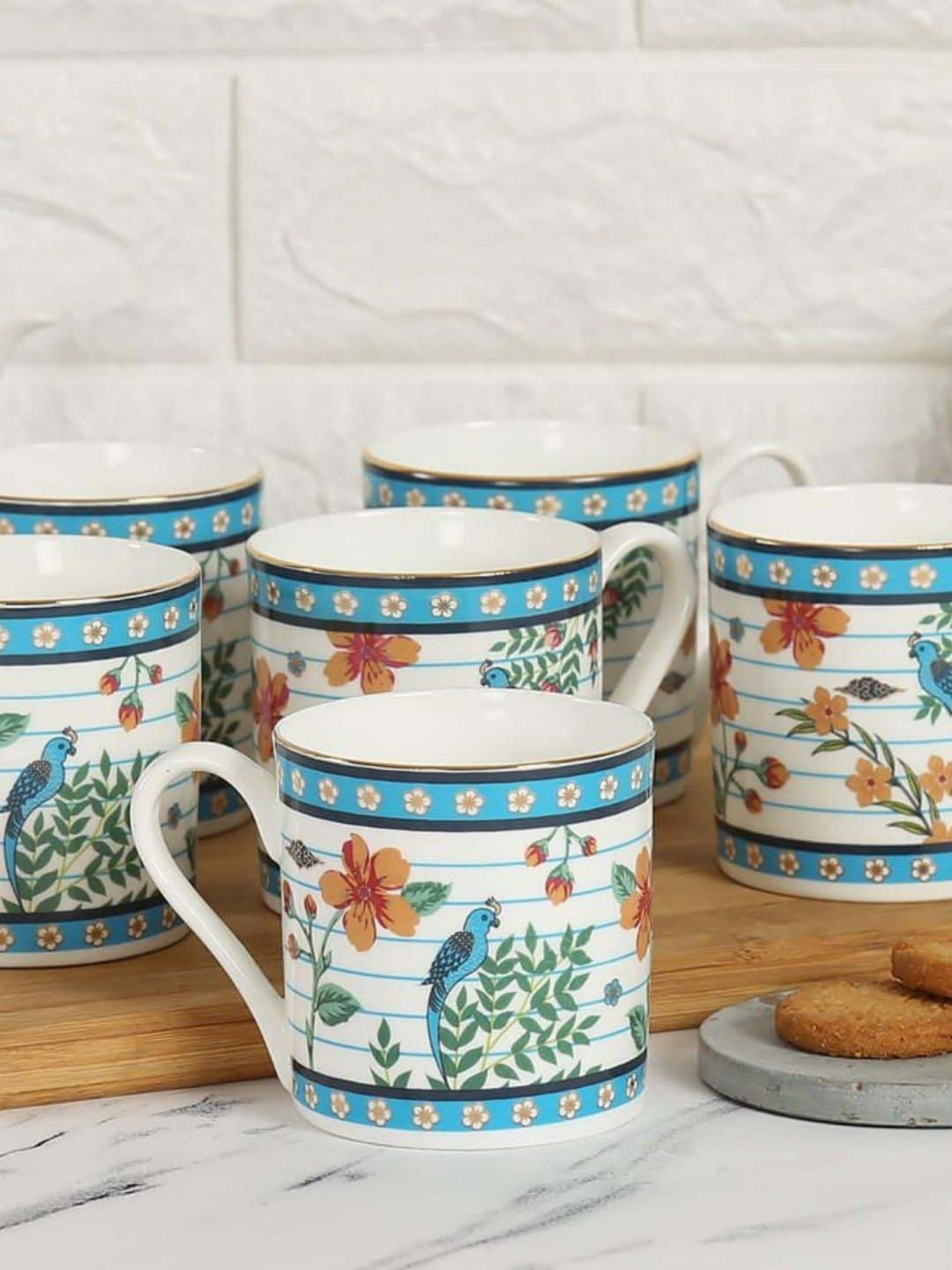 India Circus White & Sky Blue Ceramic 10 cm Coffe Mug (0.22 L) - Set of 6