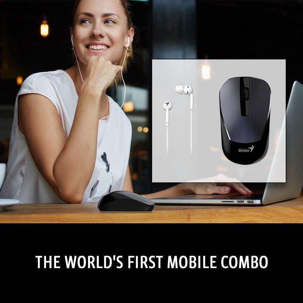 Genius Mobile Package MH-7018 [Classic] - Wireless Smart Mouse and in-Ear Headset Combo for Mobility Users, Stylish Brushed Metal Look, No Pairing Required, Plug & Play on Laptops & Macbooks - White