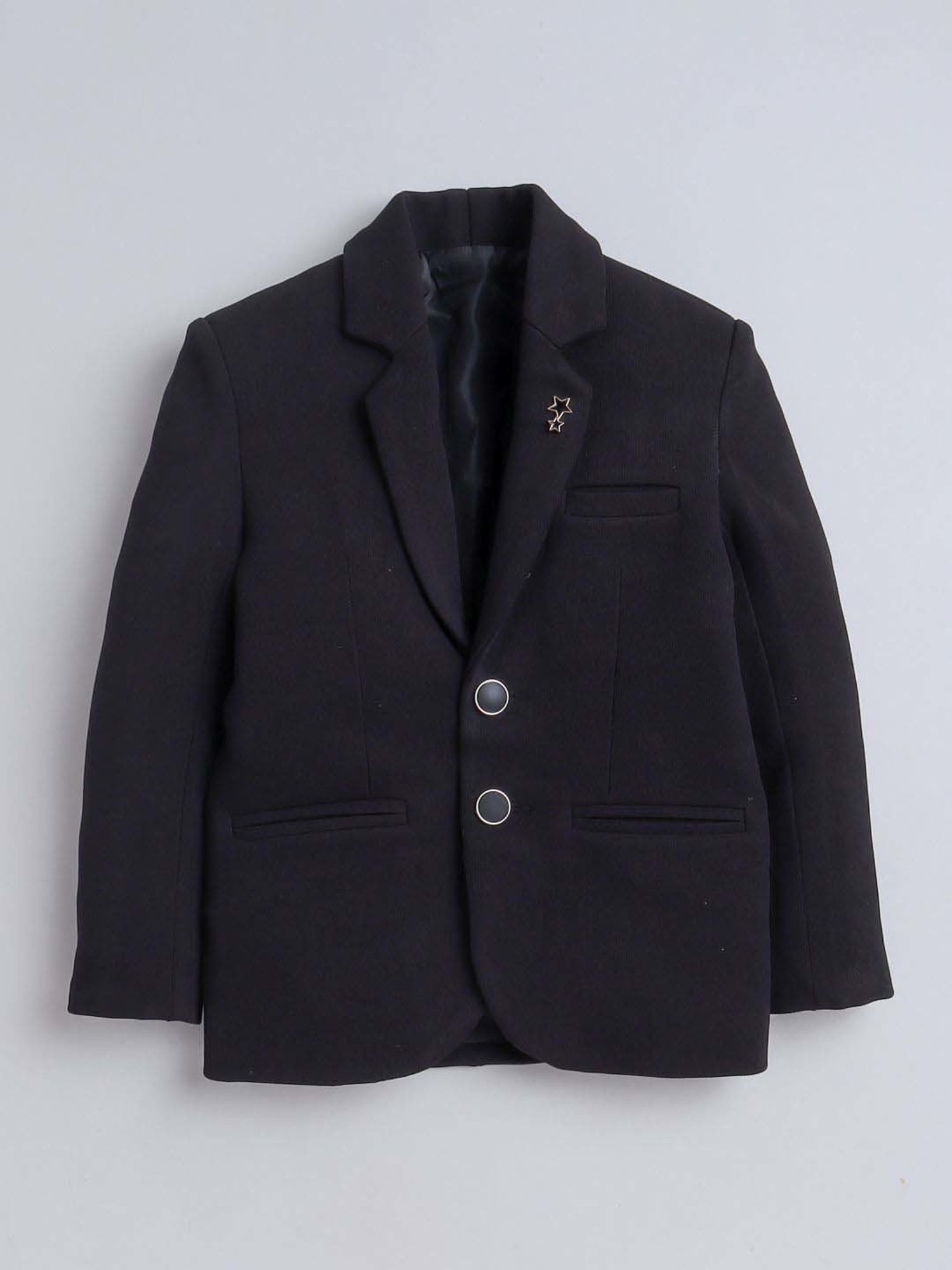 Fourfolds Boys Black Solid Full Sleeves Blazer