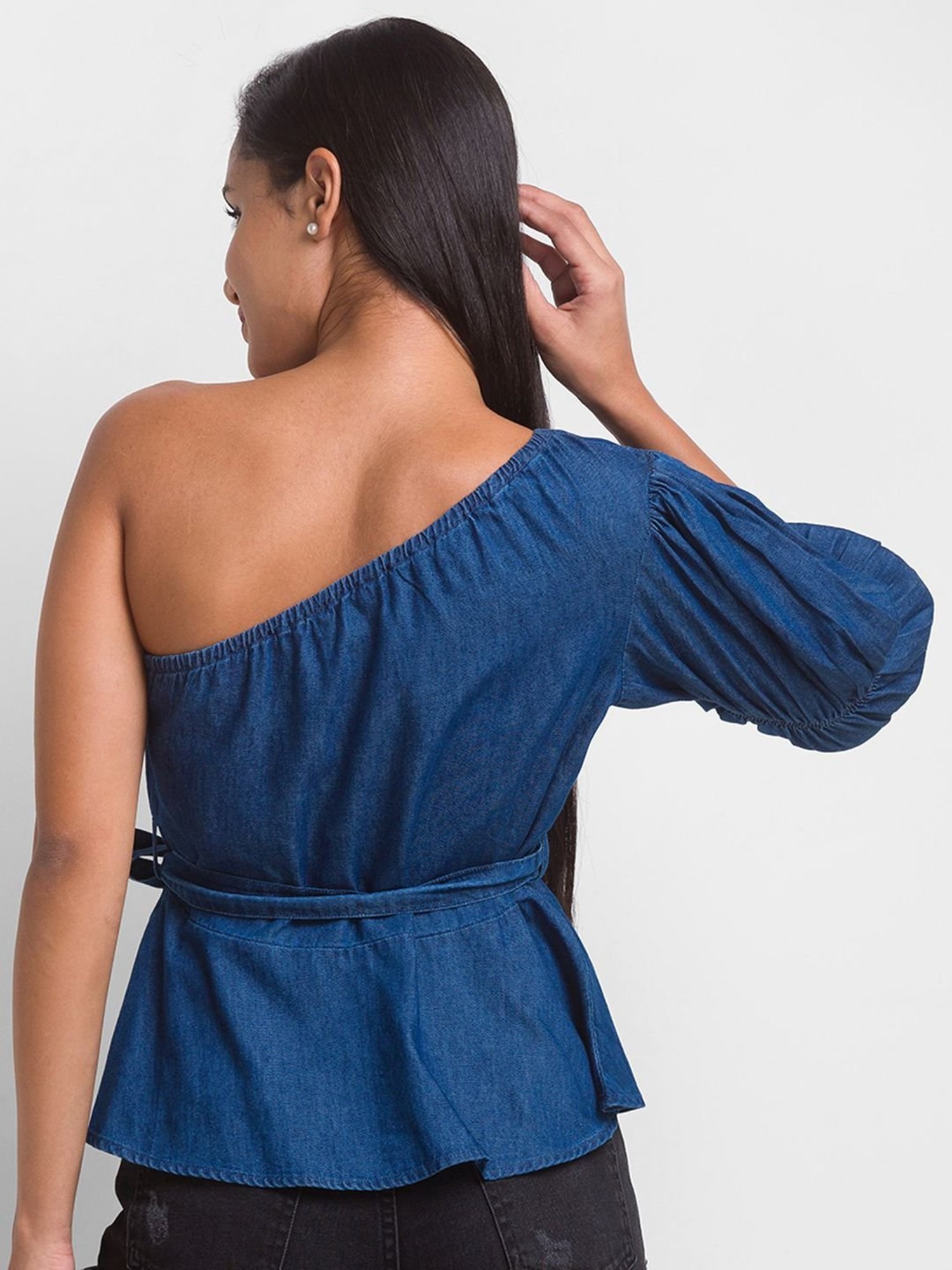 Spykar Blue Cotton One Shoulder Top